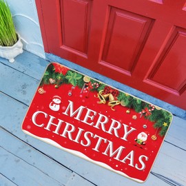 Nuanchu Merry Christmas Door Mat Indoor Outdoor Entrance Doormat Non Slip Rubber Backing Door Mat Funny Christmas Decorative Doormat for Holiday Home Front Door Outside Entry, 30 x 17 Inch, Red