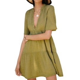 R.Vivimos Womens Summer Cotton Flowy Mini Dress V Neck Short Sleeve Boho Ruffle Tiered Casual Loose Tunic Dress (Small, OliveGreen)