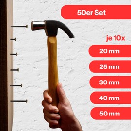 Pack of 50 Picture Nails Mix, 10 x 20 mm, 25 mm, 30 mm, 40 mm, 50 mm, Golden Head, Picture Hanging No Drilling, Steel Nails Set, for Concrete, Wood, Plaster & Yton Walls