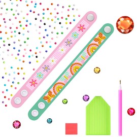 Altaroo 2 Piece Diamond Art Bracelet Set, DIY Bracelets Flowers and Butterfly, Diamond Painting Children from 4, DIY Diamond Painting Craft Set Children from 4 5 6 7 8 9 Years (Pink-Green)