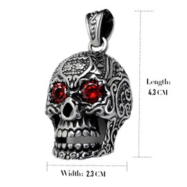 Feilok Hollow Skeleton Gothic Skull Pendant Stainless Steel Necklace for Men W. Red Crystal Eyes,Silver Color