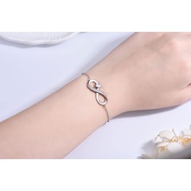 ADVIOK Infinity Bracelet for Women, 925 Sterling Silver Bracelet with White AAA Heart Cubic Zirconia Jewellery Gifts for Mum Girls Friend Girlfriend Friendship