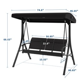 3-Seat Outdoor Patio Swing Chair, Porch Hanging Chairs with Adjustable Canopy, Armrests and Breathable Textilene Fabric, Hanging Swing Bench for Garden, Poolside, Backyard – Black