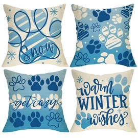 Fjfz Warm Winter Wishes Dog Cat Paw Prints Decorative Throw Pillow Covers 20 x 20 Set of 4, Blue Snow Get Cozy Porch Outdoor Home Decor Pet Lover Gifts, Christmas Seasonal Snowflake Couch Cushion Case