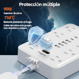 TerHavn Extension electrica Ultra Corta 0.025M y Regleta Multicontacto con 8 Tomas y 6 USB (2 USB-C) - supresor de Picos de Voltaje,Enchufe Plano para