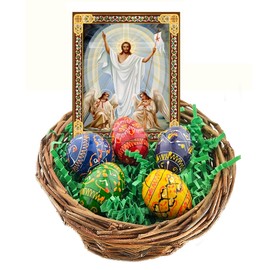 Needzo Ukrainian Easter Basket with 5 Mini Painted Eggs and Resurrection of Christ Icon, Catholic Orthodox Gift, 3 x 2.5 Inch