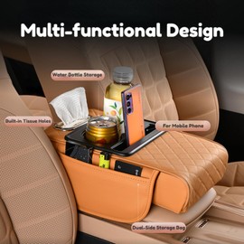 Car Center Console Pad Leather Armrest Pad w/Cup Holder, Tissue Box Slot, Side Bag, Phone Slot for Car Sedans (Embossed, Coffee)