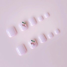 24 Pcs Press on Toenails Short,YIHONGYAN Fake Toe Nails Press ons Purple French Toe Nail Tip Acrylic Kit Glue on Nails Full Cover False Toenails with Cherry Charms Design Stick on Toenails for Women
