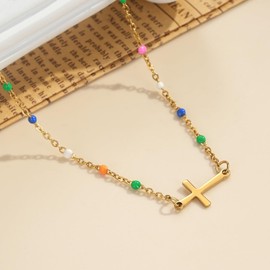 Dkodfi Cross Necklace for Women, 14K Gold Plated Minimalist Cross Necklace Dainty Small Pendant Choker with Colorful Beads,Inspirational Gifts Christian Necklace for Women Funny Gift for Lover
