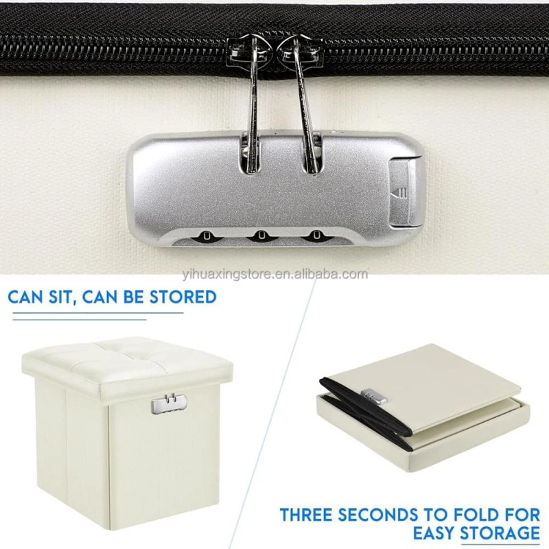 13" Fireproof Storage Ottoman Modern Leather Footstool with Lock Square