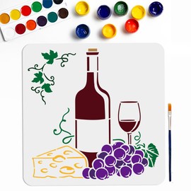 MAYJOYDIY Wine Grape Cheese Stencil 11.8×11.8inch Large Red Wine Bottles and Glasses Stencils with Paint Brush Reusable Grape Leaf Vine Drawing Template for Craft Furniture Fabric Wall