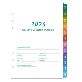 A5 Refill Diary 2026, 1 Week on 2 Pages Organizer with Monthly Tabs, Extra Notes Contact, Weekly Planner Inserts, Diary 2026 Refill