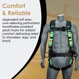 AFP Hi-Viz Green Demon Fall Protection Ergonomic Comfort Safety Harness, Soft Pressure-Relieving Perforated Breathable Padded Foam Shoulder, Legs & Back, 3 D-Rings, Tongue Buckle, Mating Buckle