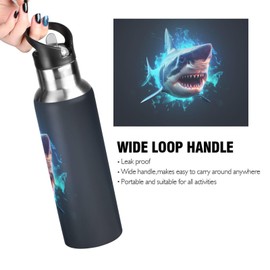 ZOEO Blue Shark Water Bottle with Straw Lid Thermos Kids Insulated Stainless Steel Water Flask Sports, 20 Oz Hot Cold, SPWT490c5251051