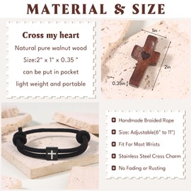 JEWPARK 1PCS Mens Cross Bracelet, 1PCS Wooden Cross Fidget - Adjustable Rope Bracelet for Men Women Easter Christmas Christian Baptism Birthday Religious Gifts Stocking Stuffers Jewelry
