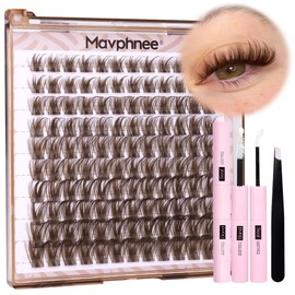 Mavphnee Brown Lash Clusters Kit Fairy Eyelash Extensions Kit Dark Brown Cluster Eyelash Extensions Kit Natural Wispy D Curl Individual Lashes Clusters with Lash Bond and Seal Glue and Tweezers