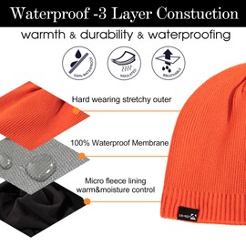 XXL Men's Women's Orange Oversize Winter Wool Beanie Waterproof Fleece Lined Knit Cap Hat All-Weather Warm Rain XX-Large Extra Large Big Head