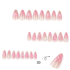 Onsdag Press on Almond Nails Medium Glossy Full Cover Acrylic Almond Shaped False Nails with Designs Artificial French Fake Nails Glue Stick ons Fingernails for Women Girls(JP3865)