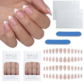 48 Pcs French Tip Press On False Nails with 48 Pcs Tape & 2 Pcs Rubbing Strip, Acrylic Medium Almond Full Cover False Nails, White Nail Tips Artificial Finger Manicure Decorations for Women Girls (WH, 48 PCS)