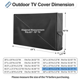 OutdoorLines Waterproof & Weatherproof Outdoor TV Cover - for 65-70 Inch Flat Screen TV, Dustproof & UV Resistant, Black, Size 64"L x 40"W x 5.5"H