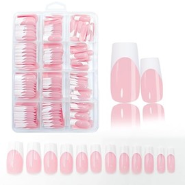 French Tip False Nails Kit - 240pcs Medium Square False Nails - French Pink Tip Press on Nails Kit - Fake Fingernails with Glue for Women Girls BF