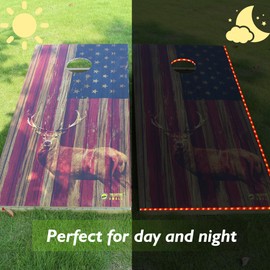 Tailgating Gmall LED Cornhole Board Set 4FTx2FT Solid Wood Regulation Size Cornhole Set with LED Lights Includes 8 Cornhole Bags for Adults (USA Flag & Deer, 4'x2')
