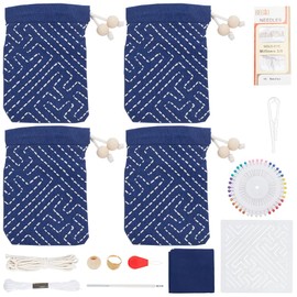 FREEBLOSS 4 Set Sashiko Drawstring Bag Kit Sashiko Embroidery Kit for Beginners Full Embroidery Kit includes Sashiko Thread, Needles, Fabric, Thimble Hand Sewing Kit with PET Template