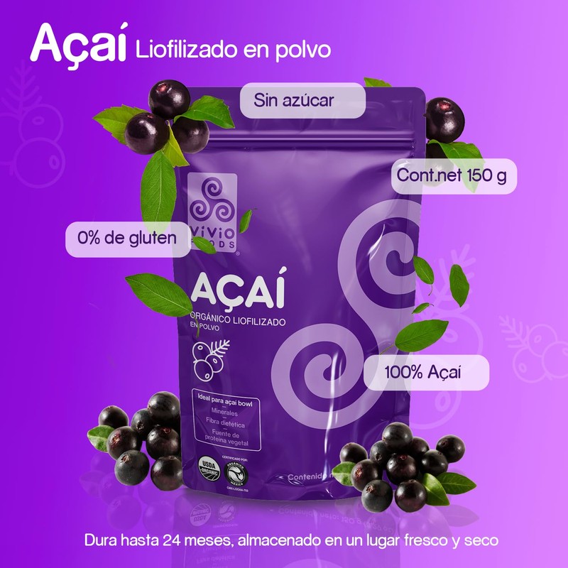 Vivio Foods, Acai Orgánico En Polvo, 150 gramos