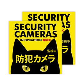 Security Stickers, Security Camera, Surveillance, Black Cat, Weatherproof, Water Resistant, 3.5 inches (9 cm), Set of 2