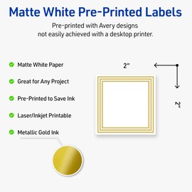 Avery Printable Square Labels, Gold Multi-Lined Border, 2" x 2", Matte White Square Labels, Permanent, Laser/Inkjet, 120ct, Great for Product Merchandising