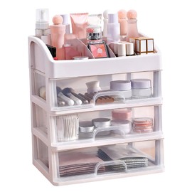 3 Tier Drawer Makeup Storage Box, Clear Plastic Cosmetic Organizer, Stationery Storage with Jewelry Drawer, Drawers