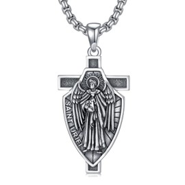 St Uriel Necklace for Men 925 Sterling Silver Saint Archangel Cross Pendant Religious Medals Catholic Jewelry Gifts for Boyfriend