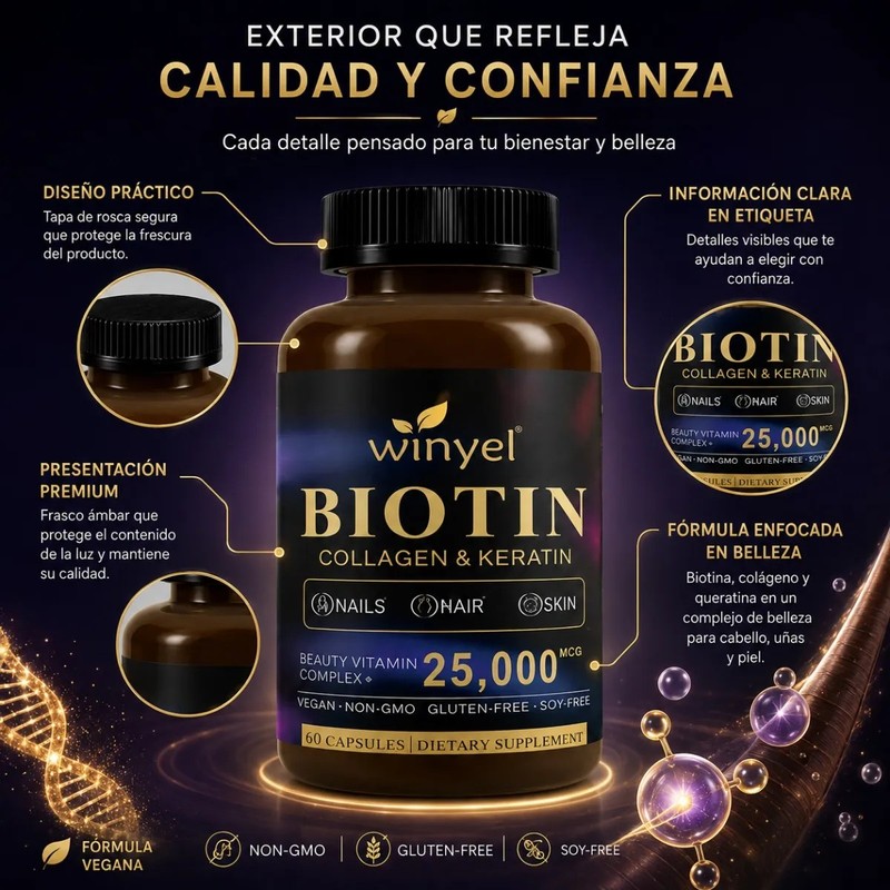 Biotina Colágeno Queratina 60 Cápsulas Fórmula Vegana
