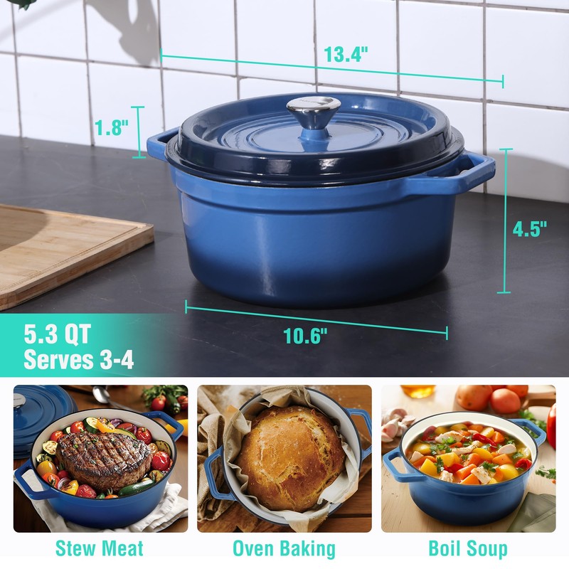 HAUSHOF 5.3QT Enameled Cast Iron Dutch Oven with Lid, Non-Stick