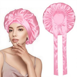 Garegce Silk Bonnet for Sleeping, Adjustable Satin Sleep Cap with Elastic Band, Hair Bonnet for Curly, Braided Natural Long Thick or Frizzy Hair, Night Bonnets for Sleeping, Satin Sleep Cap - Black