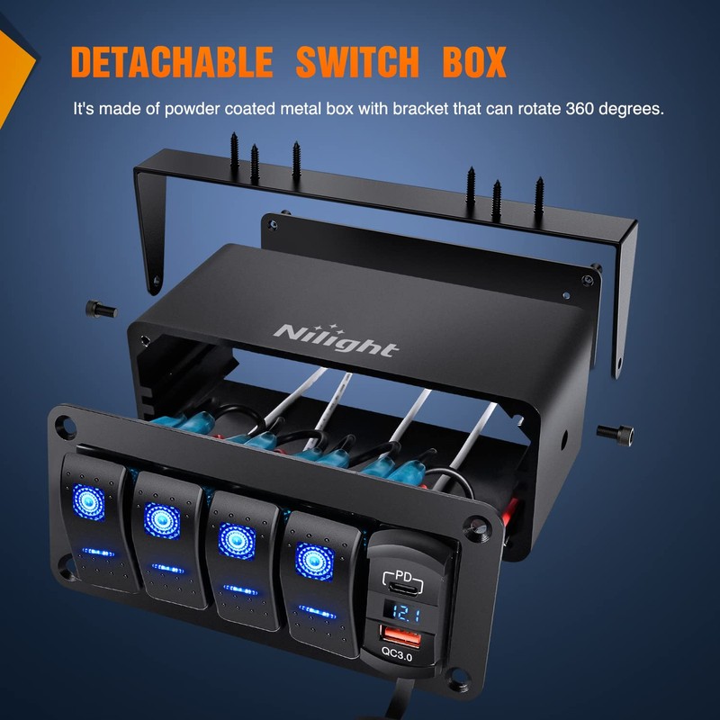 Nilight 4 Gang Rocker Switch Box 12V SPST ON Off