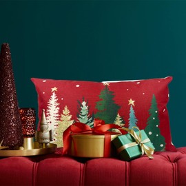 QIANHED Merry Christmas Red Throw Pillow Cover, 12X20 Inch Buffalo Colorful Christmas Trees Snowflake Decoration Holiday Farmhouse Winter Case Decor for Sofa Couch