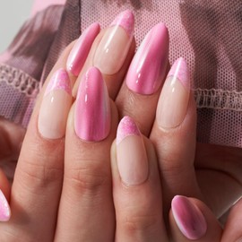 GLAMERMAID Press on Nails Almond,Medium Pink French Tips False Nails with Design,24 Pcs Glue on Nails UV Glossy Reusable Acrylic Stick on Nails Tips for Women Girls Gift