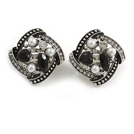 Marcasite Style Square Black/Clear Crystal White Faux Peal Clip On Earrings In Aged Silver Tone/ 20mm Tall
