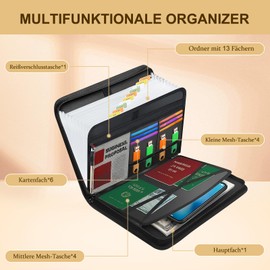 A4 Document Folder with 13 Compartments, Transparent Accordion, Fireproof, Zip, Labels, Black (36.5 x 26.5 x 4.8 cm)