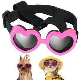 Gafas de sol para perro de raza pequeña, protección UV para perro con correa ajustable, gafas de sol para perro con forma de corazón para protección ocular impermeable, resistente al viento, antivaho, accesorios de playa para cachorros, perros (rosa)