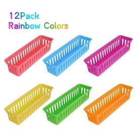 Lamsimoy 12 Pack Pencil Organizer Basket Trays, Rainbow Colors Desk Storage for Kids, Classroom Supply Holders for School