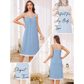 Vlazom Nighties for Women Sleeveless Cotton Nightgown Elegant Lace Trim Nightdress Sleep Shirt Sleepwear Light Blue,M