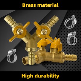 2Pcs 3 Way Shut Off Ball Valve, 3/8" Hose Barb 2 Switch Brass Y Shaped Ball Valve with Clamps for Water/Fuel/Air