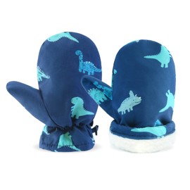 Baby Winter Waterproof Gloves Toddler Boys Girls Ski Snow Mittens Kids Fleeced Lined Warm Gloves (Blue Dinosaur, S(3-12 Months) no Thumbs)