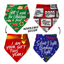 Dog Bandanas Christmas and New Years Set of 2, Reversible with 4 Patterns. Funny Pet Scarf for Small Medium & Large Breed on Green Red & Blue Colors for Boy or Girl