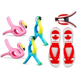 6 Pcs Beach Towel Clips for Beach Chairs, Flamingo & Parrot & Canada Flag Flip-Flop Towel Holder Windproof New Creative Bright Color Jumbo Size Clothes Quilt Blanket Curtain Drying Clips Pegs