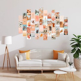 Kiperpon 50Pcs Peach Beach Aesthetic Pictures for Wall Collage Boho Style Collage Print Kits Teal Color Room Decorations for