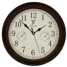 Holzwerk Vintage Retro Wall Clock with Temperature Display and Hygrometer Moisture Meter Thermometer Wooden Clock Running Quiet Movement Brown Virtually Silent Solid Wood 14 Inches 35 cm