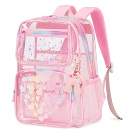 MOONBABY Lovely Clear Backpack for School Girls, Heavy Duty TPU Transparent Backpack Stadium Events Approved, Clear Bookbag, Pink